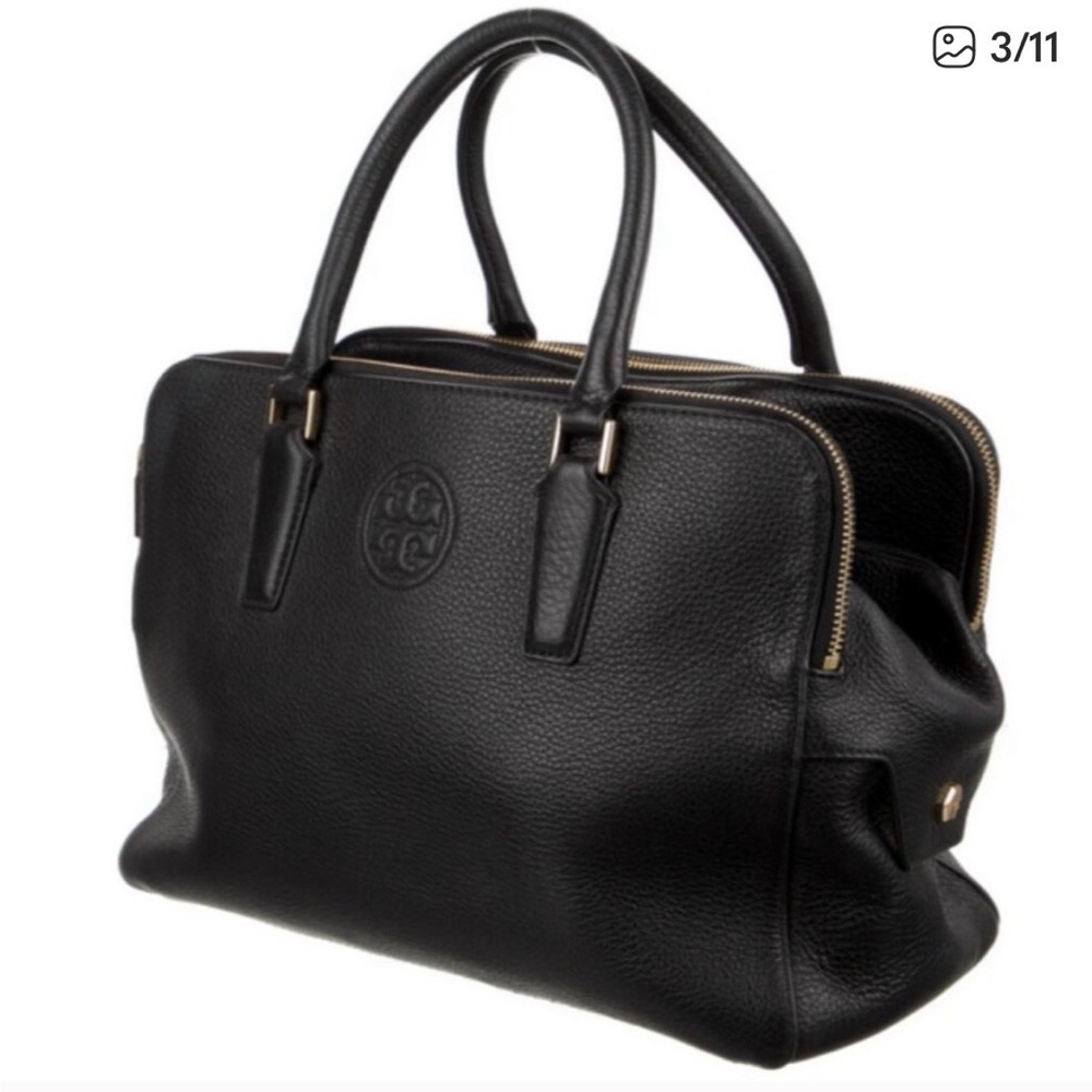 Tory Burch Marion Triple Zip Satchel. Black Pebbled Leather